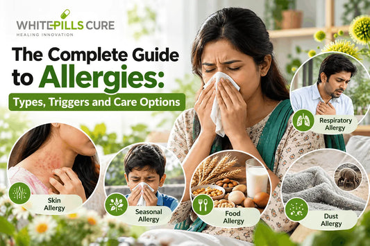 White Pills Cure infographic titled “The Complete Guide to Allergies: Types, Triggers and Care Options