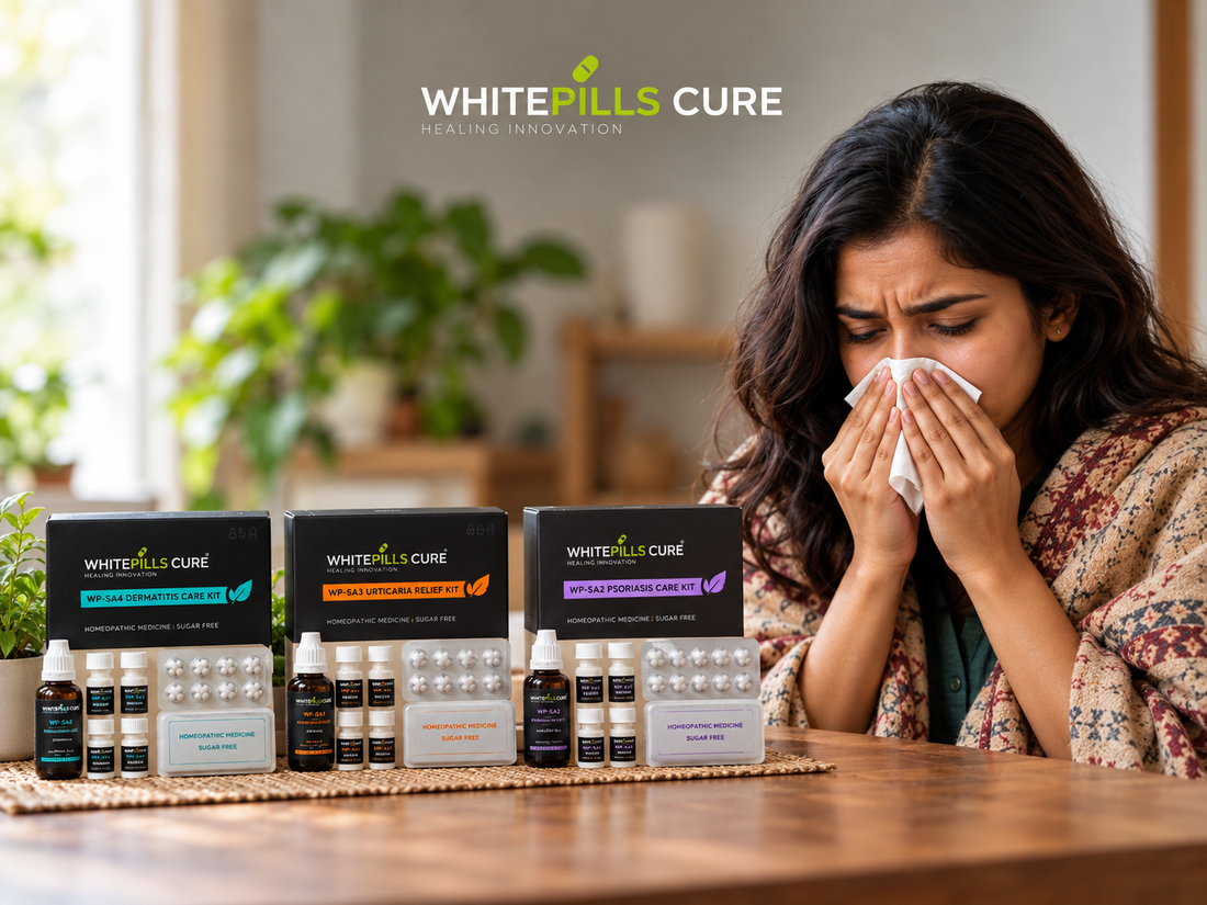 White Pills Cure homeopathic skincare kits displayed on a table beside a woman experiencing sneezing and nasal irritation in a home setting.