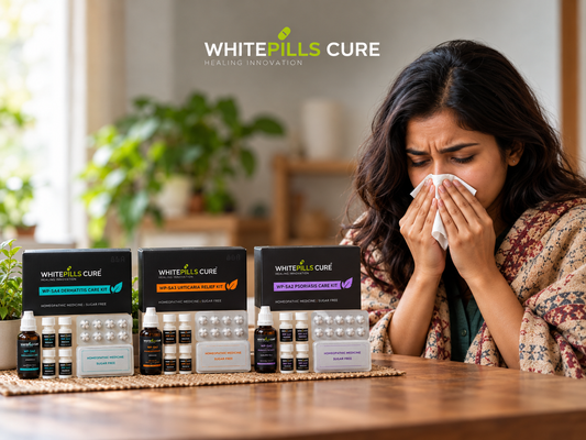 White Pills Cure homeopathic skincare kits displayed on a table beside a woman experiencing sneezing and nasal irritation in a home setting.